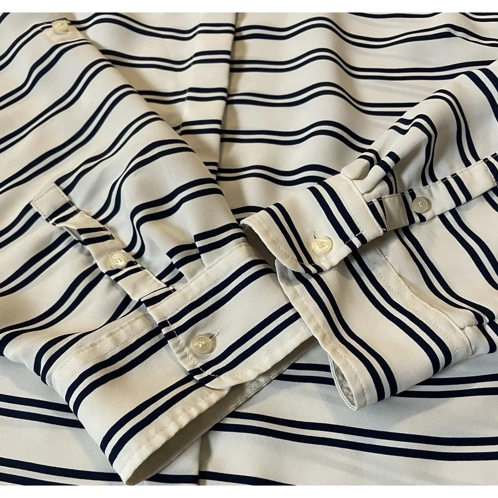 90s Talbots Striped Tunic Button Blouse XL White Black Long Sleeve Career Party - Picture 6 of 12